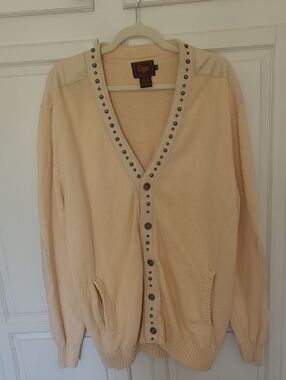 Men's Cigar Couture Cream Stud-Trim V-Neck Cardigan Sweater In 2xl